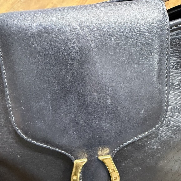 Vintage Gucci Horse Shoe Shoulder Bag Black Leather Canvas Monogram Authentic - Picture 6 of 16